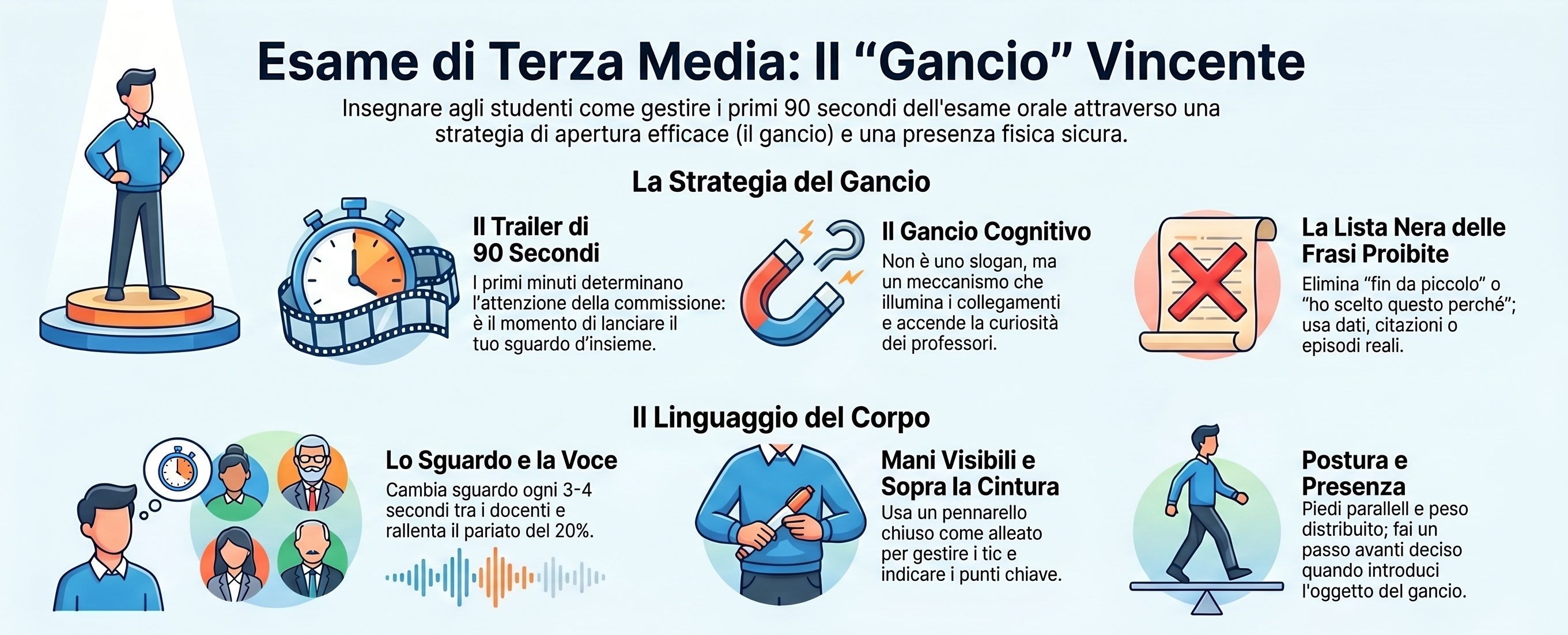 Infografica di sintesi: il trailer di 90 secondi, il gancio cognitivo, la lista nera delle frasi proibite, lo sguardo e la voce, le mani sopra la cintura, la postura e la presenza